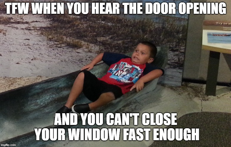 TFW WHEN YOU HEAR THE DOOR OPENING; AND YOU CAN'T CLOSE YOUR WINDOW FAST ENOUGH | image tagged in caught in the act,busted,totally busted,dank memes | made w/ Imgflip meme maker