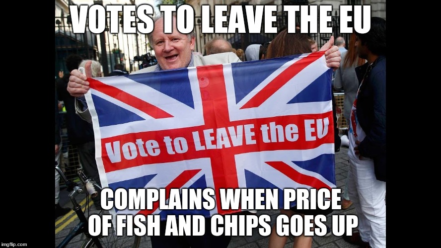 brexit | VOTES TO LEAVE THE EU; COMPLAINS WHEN PRICE OF FISH AND CHIPS GOES UP | image tagged in brexit | made w/ Imgflip meme maker