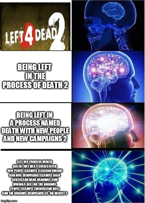 expanding brain left 4 dead 2:ELECTRIC BOOGALOO [SOME SPOILERS ON LAST PART]  | BEING LEFT IN THE PROCESS OF DEATH 2; BEING LEFT IN A PROCESS NAMED DEATH WITH NEW PEOPLE AND NEW CAMPAIGNS 2; LEFT IN A PROCESS NAMED DEATH THAT HAS 4 STAGES WITH NEW PEOPLE (EXAMPLE ELLIS AND COACH) AND NEW CAMPAIGNS (EXAMPLE DEAD CENTER AND DARK CARNIVAL) AND HAVING A DLC FOR THE ORIGINAL PEOPLE (EXAMPLE FRANCIS AND BILL) AND THE ORIGINAL CAMPAGINS (EX: NO MERCY) 2 | image tagged in memes,expanding brain | made w/ Imgflip meme maker