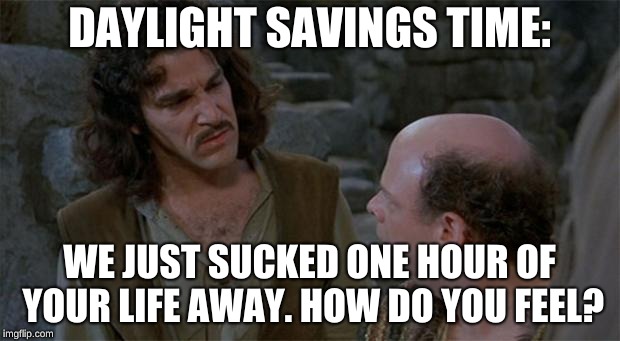 Daylight Savings Time: | DAYLIGHT SAVINGS TIME:; WE JUST SUCKED ONE HOUR OF YOUR LIFE AWAY. HOW DO YOU FEEL? | image tagged in princess bride | made w/ Imgflip meme maker