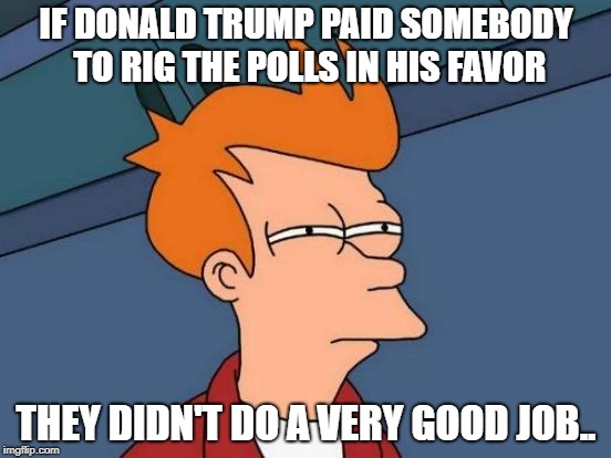 Futurama Fry | IF DONALD TRUMP PAID SOMEBODY TO RIG THE POLLS IN HIS FAVOR; THEY DIDN'T DO A VERY GOOD JOB.. | image tagged in memes,futurama fry | made w/ Imgflip meme maker