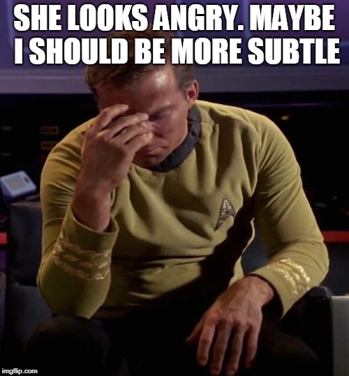 Star Trek Captain Kirk: Regrets | SHE LOOKS ANGRY. MAYBE I SHOULD BE MORE SUBTLE | image tagged in star trek captain kirk regrets | made w/ Imgflip meme maker