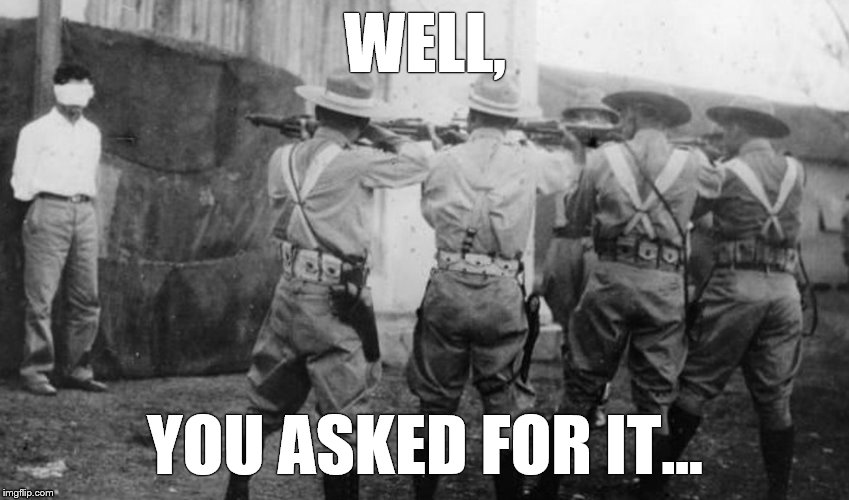 Cuban firing squad | WELL, YOU ASKED FOR IT... | image tagged in cuban firing squad | made w/ Imgflip meme maker