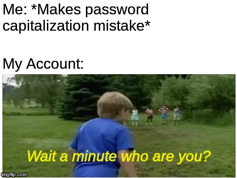 Wait a minute who are you? | Me: *Makes password capitalization mistake*; My Account:; Wait a minute who are you? | image tagged in wait a minute,memes,other | made w/ Imgflip meme maker