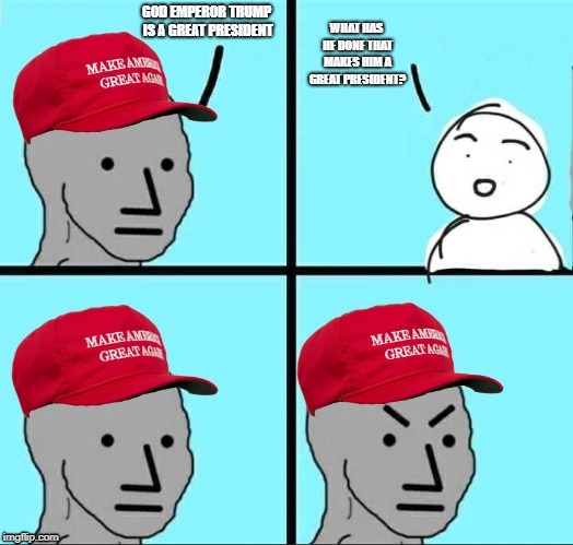 Conversation with Alt Lite | WHAT HAS HE DONE THAT MAKES HIM A GREAT PRESIDENT? GOD EMPEROR TRUMP IS A GREAT PRESIDENT | image tagged in maga npc | made w/ Imgflip meme maker