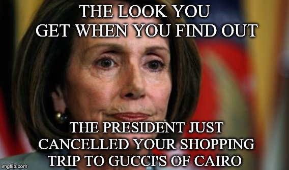 and you realize you just became his beotch | THE LOOK YOU GET WHEN YOU FIND OUT; THE PRESIDENT JUST CANCELLED YOUR SHOPPING TRIP TO GUCCI'S OF CAIRO | image tagged in memes,nancy pelosi,owned | made w/ Imgflip meme maker