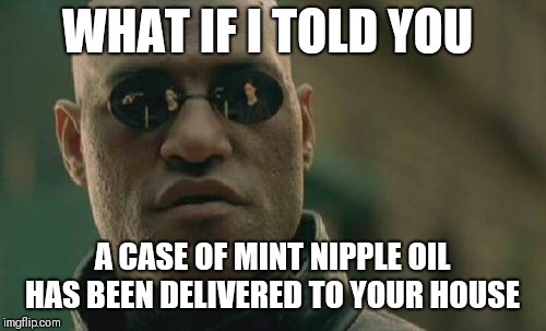 Matrix Morpheus | WHAT IF I TOLD YOU; A CASE OF MINT NIPPLE OIL HAS BEEN DELIVERED TO YOUR HOUSE | image tagged in memes,matrix morpheus | made w/ Imgflip meme maker