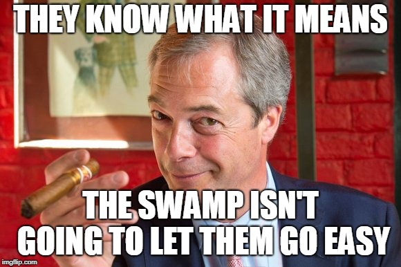 Farage Brexit | THEY KNOW WHAT IT MEANS THE SWAMP ISN'T GOING TO LET THEM GO EASY | image tagged in farage brexit | made w/ Imgflip meme maker