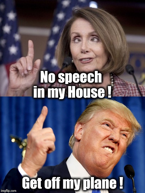 Mess with the bull and you'll get the horns | No speech in my House ! Get off my plane ! | image tagged in donald trump,nancy pelosi,grounded,vacation,cancelled | made w/ Imgflip meme maker