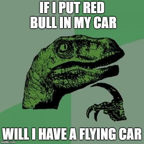 Philosoraptor | IF I PUT RED BULL IN MY CAR; WILL I HAVE A FLYING CAR | image tagged in memes,philosoraptor | made w/ Imgflip meme maker
