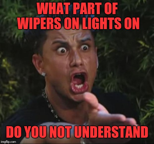 Yet another aspect of driving in the rain that many people in SoCal can't seem to grasp | WHAT PART OF WIPERS ON LIGHTS ON; DO YOU NOT UNDERSTAND | image tagged in memes,dj pauly d,driving,rain,safety,morons | made w/ Imgflip meme maker