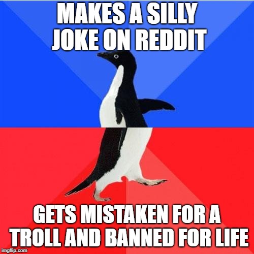 Socially Awkward Awesome Penguin | MAKES A SILLY JOKE ON REDDIT; GETS MISTAKEN FOR A TROLL AND BANNED FOR LIFE | image tagged in memes,socially awkward awesome penguin | made w/ Imgflip meme maker
