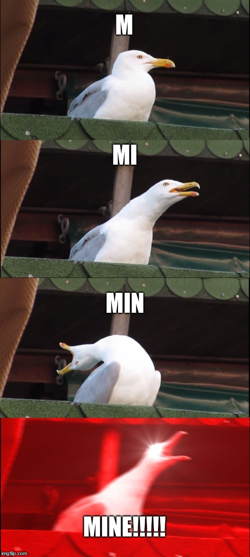 Inhaling Seagull | M; MI; MIN; MINE!!!!! | image tagged in memes,inhaling seagull | made w/ Imgflip meme maker