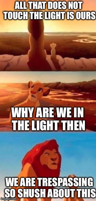 Simba Shadowy Place (blank) | ALL THAT DOES NOT TOUCH THE LIGHT IS OURS; WHY ARE WE IN THE LIGHT THEN; WE ARE TRESPASSING SO SHUSH ABOUT THIS | image tagged in simba shadowy place blank | made w/ Imgflip meme maker