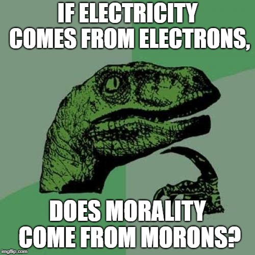 Philosoraptor | IF ELECTRICITY COMES FROM ELECTRONS, DOES MORALITY COME FROM MORONS? | image tagged in memes,philosoraptor | made w/ Imgflip meme maker
