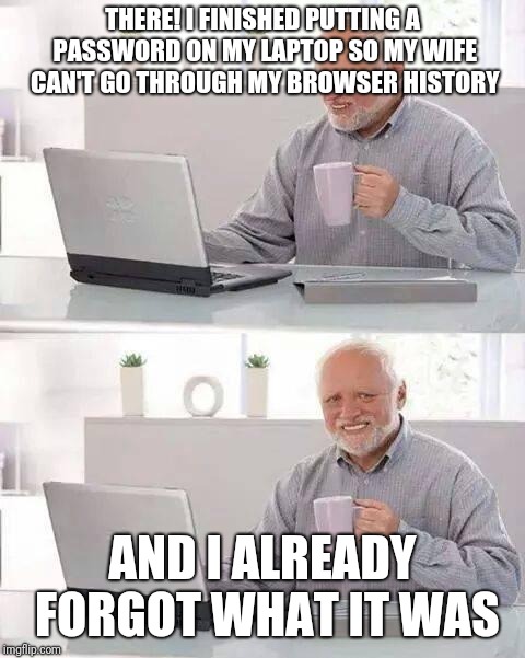 Hide the Pain Harold Meme | THERE! I FINISHED PUTTING A PASSWORD ON MY LAPTOP SO MY WIFE CAN'T GO THROUGH MY BROWSER HISTORY; AND I ALREADY FORGOT WHAT IT WAS | image tagged in memes,hide the pain harold | made w/ Imgflip meme maker