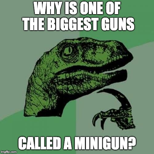 Philosoraptor Meme | WHY IS ONE OF THE BIGGEST GUNS; CALLED A MINIGUN? | image tagged in memes,philosoraptor | made w/ Imgflip meme maker