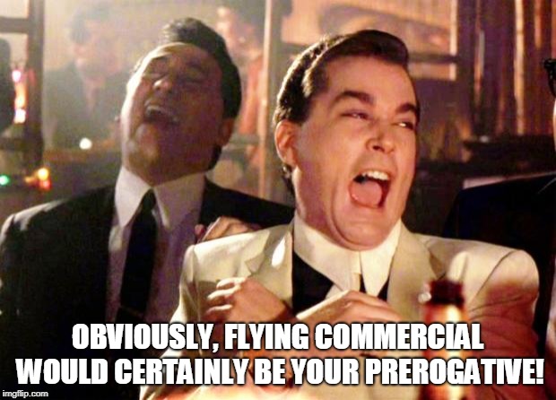 Grounded!! | OBVIOUSLY, FLYING COMMERCIAL WOULD CERTAINLY BE YOUR PREROGATIVE! | image tagged in goodfellas laugh,trump,pelosi,libtards,2020 | made w/ Imgflip meme maker