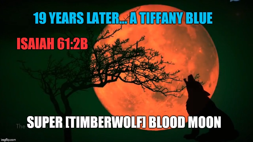Super [Timberwolf] Blood Moon | 19 YEARS LATER... A TIFFANY BLUE; ISAIAH 61:2B; SUPER [TIMBERWOLF] BLOOD MOON | image tagged in jfk,payback,dead pool,avengers,qanon,the great awakening | made w/ Imgflip meme maker