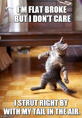 Stray Cat Strut | I'M FLAT BROKE BUT I DON'T CARE; I STRUT RIGHT BY WITH MY TAIL IN THE AIR. | image tagged in memes,cool cat stroll,cats,song lyrics | made w/ Imgflip meme maker