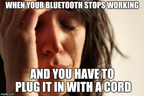 First World Problems Meme | WHEN YOUR BLUETOOTH STOPS WORKING; AND YOU HAVE TO PLUG IT IN WITH A CORD | image tagged in memes,first world problems | made w/ Imgflip meme maker
