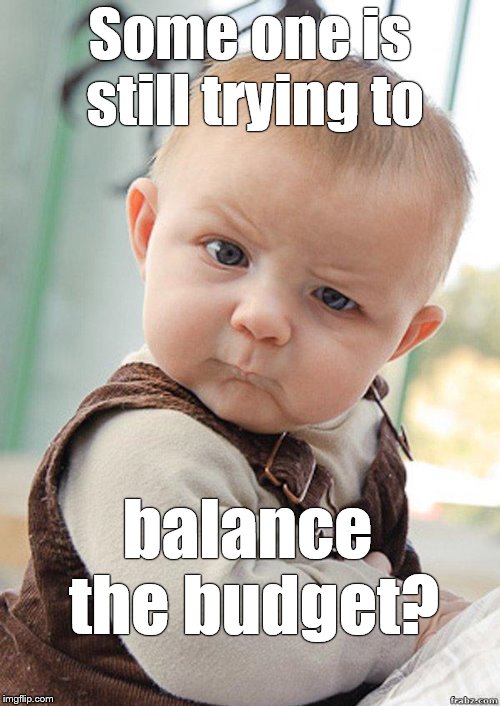 Skeptical Baby Big | Some one is still trying to balance the budget? | image tagged in skeptical baby big | made w/ Imgflip meme maker