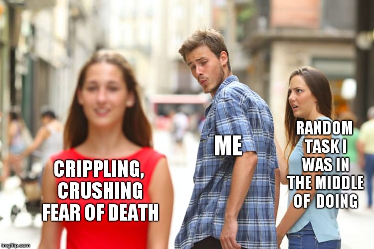 Distracted Boyfriend Meme | RANDOM TASK I WAS IN THE MIDDLE OF  DOING; ME; CRIPPLING, CRUSHING FEAR OF DEATH | image tagged in memes,distracted boyfriend | made w/ Imgflip meme maker