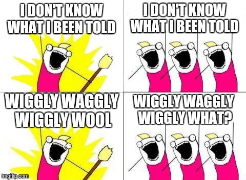 What Do We Want | I DON'T KNOW WHAT I BEEN TOLD; I DON'T KNOW WHAT I BEEN TOLD; WIGGLY WAGGLY WIGGLY WOOL; WIGGLY WAGGLY WIGGLY WHAT? | image tagged in memes,what do we want | made w/ Imgflip meme maker