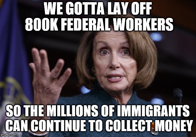 Good old Nancy Pelosi | WE GOTTA LAY OFF 800K FEDERAL WORKERS; SO THE MILLIONS OF IMMIGRANTS CAN CONTINUE TO COLLECT MONEY | image tagged in good old nancy pelosi | made w/ Imgflip meme maker