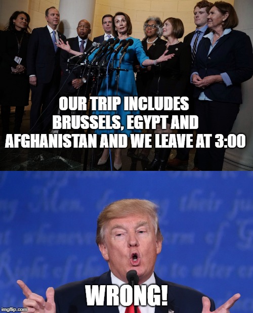 Trip Cancelled | OUR TRIP INCLUDES BRUSSELS, EGYPT AND AFGHANISTAN AND WE LEAVE AT 3:00; WRONG! | image tagged in pelosi,trump | made w/ Imgflip meme maker