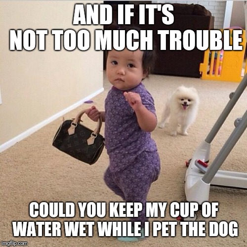 toddler holding purse | AND IF IT'S NOT TOO MUCH TROUBLE COULD YOU KEEP MY CUP OF WATER WET WHILE I PET THE DOG | image tagged in toddler holding purse | made w/ Imgflip meme maker