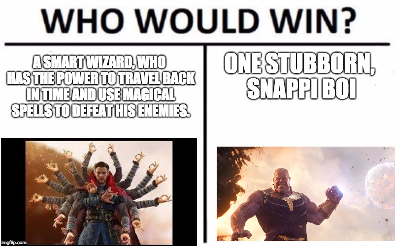 Who Would Win? | A SMART WIZARD, WHO HAS THE POWER TO TRAVEL BACK IN TIME AND USE MAGICAL SPELLS TO DEFEAT HIS ENEMIES. ONE STUBBORN, SNAPPI BOI | image tagged in memes,who would win,infinity war,thanos | made w/ Imgflip meme maker