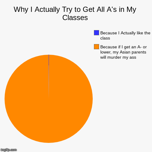 Why I Actually Try to Get All A's in My Classes | Because if I get an A- or lower, my Asian parents will murder my ass, Because I Actually l | image tagged in funny,pie charts | made w/ Imgflip chart maker