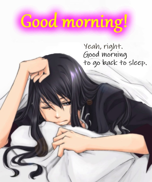GOOD MORNING!(To go back to sleep) | Good morning! Yeah, right. Good morning to go back to sleep. | image tagged in anime,sleepy,tired,bed,grumpy,good morning | made w/ Imgflip meme maker