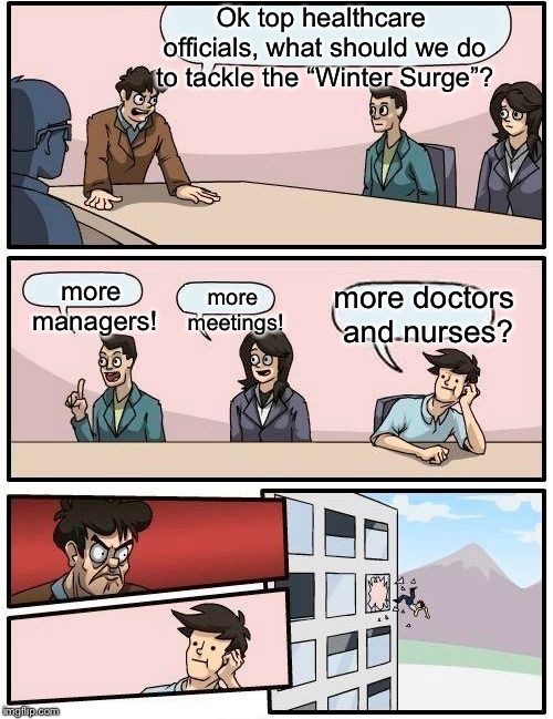 Boardroom Meeting Suggestion Meme | Ok top healthcare officials, what should we do to tackle the “Winter Surge”? more managers! more meetings! more doctors and nurses? | image tagged in memes,boardroom meeting suggestion | made w/ Imgflip meme maker