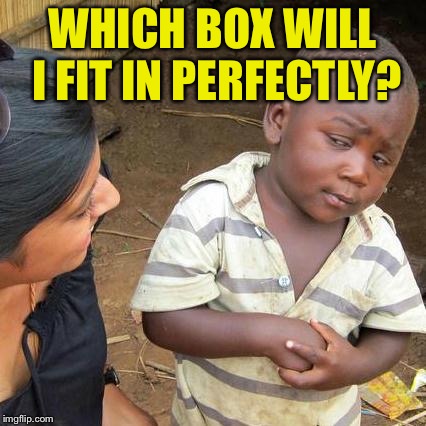 Third World Skeptical Kid Meme | WHICH BOX WILL I FIT IN PERFECTLY? | image tagged in memes,third world skeptical kid | made w/ Imgflip meme maker