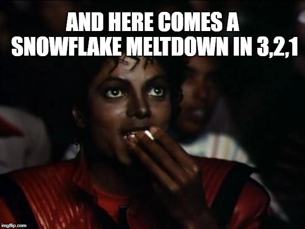 And here comes a snowflake meltdown in 3,2,1 | AND HERE COMES A SNOWFLAKE MELTDOWN IN 3,2,1 | image tagged in memes,michael jackson popcorn,political meme,snowflake meltdown,liberal rage,democrats | made w/ Imgflip meme maker