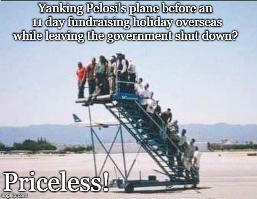 No Plane, No Gain! | Yanking Pelosi's plane before an 11 day fundraising holiday overseas while leaving the government shut down? Priceless! | image tagged in nancy pelosi,conservatives,donald trump,funny,politics | made w/ Imgflip meme maker