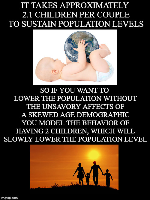 Sensible Way To Draw Down | IT TAKES APPROXIMATELY 2.1 CHILDREN PER COUPLE TO SUSTAIN POPULATION LEVELS; SO IF YOU WANT TO LOWER THE POPULATION WITHOUT THE UNSAVORY AFFECTS OF A SKEWED AGE DEMOGRAPHIC YOU MODEL THE BEHAVIOR OF HAVING 2 CHILDREN, WHICH WILL SLOWLY LOWER THE POPULATION LEVEL | image tagged in population,level,overpopulation,model,behavior,children | made w/ Imgflip meme maker