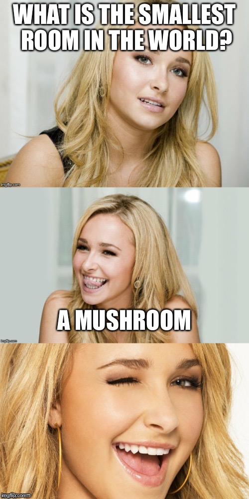 Bad Pun Hayden Panettiere | WHAT IS THE SMALLEST ROOM IN THE WORLD? A MUSHROOM | image tagged in bad pun hayden panettiere | made w/ Imgflip meme maker