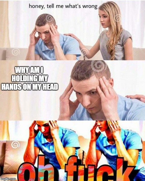 honey, tell me what's wrong | WHY AM I HOLDING MY HANDS ON MY HEAD | image tagged in honey tell me what's wrong | made w/ Imgflip meme maker