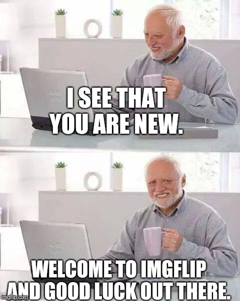 Hide the Pain Harold Meme | I SEE THAT YOU ARE NEW. WELCOME TO IMGFLIP AND GOOD LUCK OUT THERE. | image tagged in memes,hide the pain harold | made w/ Imgflip meme maker