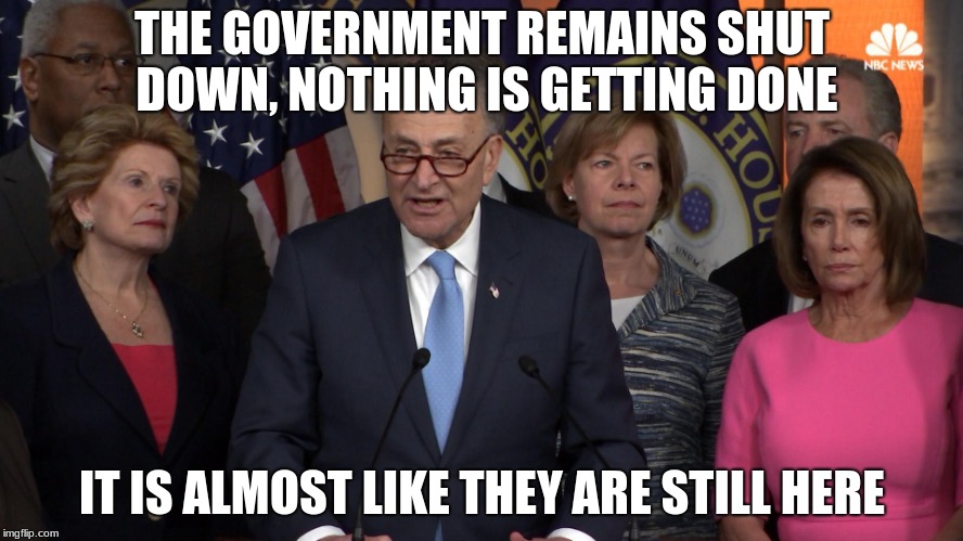 Build the wall and go back to work. | THE GOVERNMENT REMAINS SHUT DOWN, NOTHING IS GETTING DONE; IT IS ALMOST LIKE THEY ARE STILL HERE | image tagged in democrat congressmen,build the wall,no wall no vote,ameriva hating democrats | made w/ Imgflip meme maker