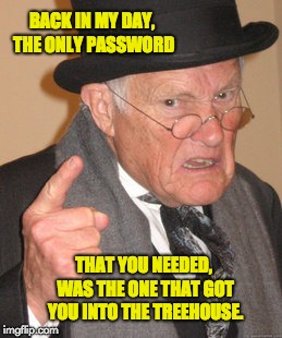 Back In My Day Meme | BACK IN MY DAY, THE ONLY PASSWORD; THAT YOU NEEDED, WAS THE ONE THAT GOT YOU INTO THE TREEHOUSE. | image tagged in memes,back in my day | made w/ Imgflip meme maker