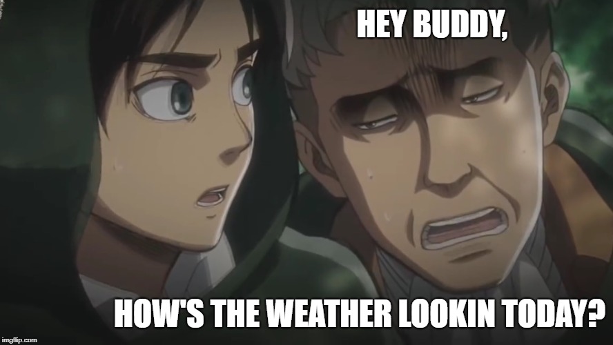 Attack on Titan memes | HEY BUDDY, HOW'S THE WEATHER LOOKIN TODAY? | image tagged in attack on titan memes | made w/ Imgflip meme maker