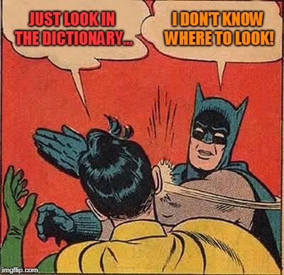 Batman Slapping Robin Meme | JUST LOOK IN THE DICTIONARY... I DON'T KNOW WHERE TO LOOK! | image tagged in memes,batman slapping robin | made w/ Imgflip meme maker
