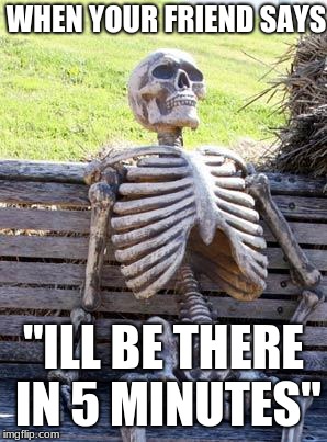 Waiting Skeleton Meme |  WHEN YOUR FRIEND SAYS; "ILL BE THERE IN 5 MINUTES" | image tagged in memes,waiting skeleton | made w/ Imgflip meme maker