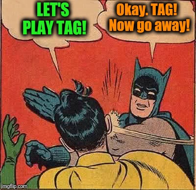 Batman Slapping Robin Meme | LET'S PLAY TAG! Okay. TAG!  Now go away! | image tagged in memes,batman slapping robin | made w/ Imgflip meme maker