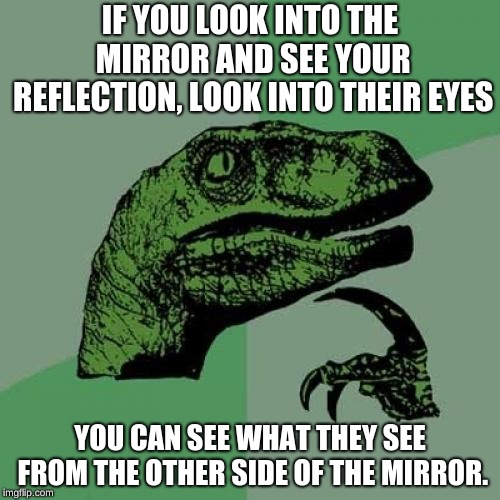 Philosoraptor Meme | IF YOU LOOK INTO THE MIRROR AND SEE YOUR REFLECTION, LOOK INTO THEIR EYES; YOU CAN SEE WHAT THEY SEE FROM THE OTHER SIDE OF THE MIRROR. | image tagged in memes,philosoraptor | made w/ Imgflip meme maker