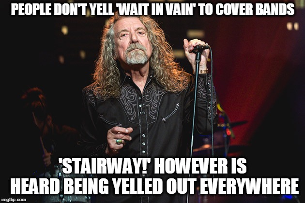 Bobby Plant | PEOPLE DON'T YELL 'WAIT IN VAIN' TO COVER BANDS 'STAIRWAY!' HOWEVER IS HEARD BEING YELLED OUT EVERYWHERE | image tagged in bobby plant | made w/ Imgflip meme maker